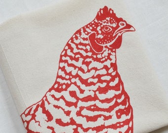 Tea Towel - Chicken - Organic Cotton - Hen Flour Sack Towel - Screen Printed - Red - Organic Kitchen Towels