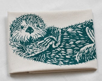 Otter Tea Towel - Organic Cotton - Eco Friendly Kitchen Towels - Screen Printed - Sea Otter - Unpaper Towel - Sea Otter - Green - Otters