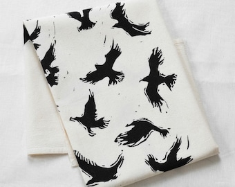 Flying Crows Tea Towel  Organic Cotton  Black Raven  Bird Print Dishcloth  Modern Kitchen Decor