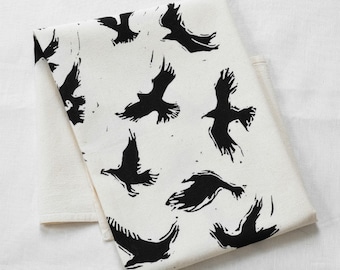 Crow Tea Towel - Organic Cotton - Eco Friendly Kitchen Towels - Organic Flour Sack Towel - Unpaper Towel - Ravens - Black - Hand Printed