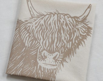 Cow Tea Towel - Organic Cotton - Flour Sack Towel - Scottish Highland Cow - Farmhouse Decor - Eco Friendly Kitchen Towels - Screen Printed