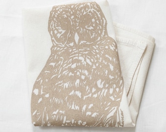 Owl Tea Towel - Flour Sack Towel - Cotton Kitchen Towel - Unpaper Towels -Mocha Brown - Screen Printed - Tea Towels Flour Sack - Woodland