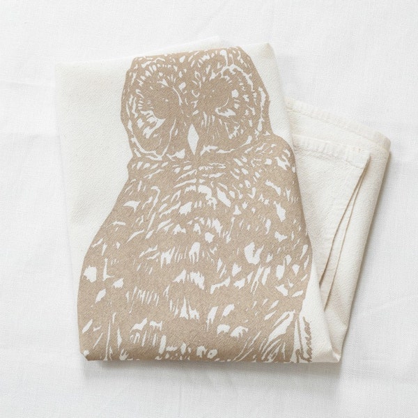 Owl Tea Towel - Flour Sack Towel - Cotton Kitchen Towel - Unpaper Towels -Mocha Brown - Screen Printed - Tea Towels Flour Sack - Woodland