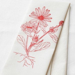 Tea Towel Organic Cotton Flower Calendula Unpaper Towel Screen Printed Botanical Design Eco Friendly Kitchen Towels Red image 2