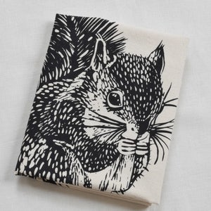 Squirrel Tea Towel  100% Organic Cotton Flour Sack  Woodland Animal Dishcloth  Black Print  Kitchen