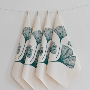Ginkgo Leaf Napkins  Set of 4   100% Organic Cotton  Green Botanical Print  Farmhouse Kitchen