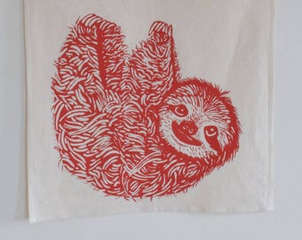 Sloth Tea Towel - Organic Cotton - Eco Friendly Kitchen Towels - Unpaper Towel - Screen Printed - Animal Tea Towel - Red - Sloth Gift - Cute