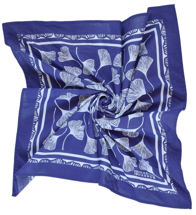 Ginkgo Leaf Bandana 100% Cotton Handkerchief Royal Blue Hand Screen Printed Soft and Washable Ginkgo Biloba Hair Scarf image 7