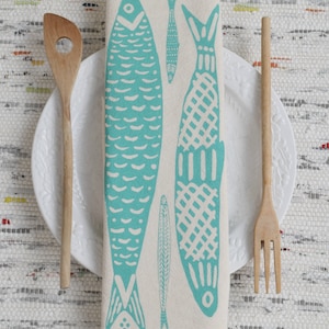 Sardine Tea Towel  100% Organic Cotton  Mint Green Fish Print Dishcloth  Nautical Kitchen Decor