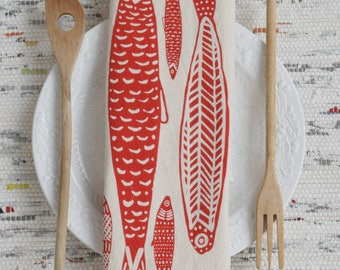 Sardine Tea Towel  Organic Flour Sack Cotton  Fish Print Dish Cloth  Nautical Kitchen Decor