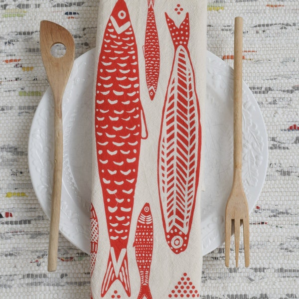 Sardine Tea Towel  Organic Flour Sack Cotton  Fish Print Dish Cloth  Nautical Kitchen Decor