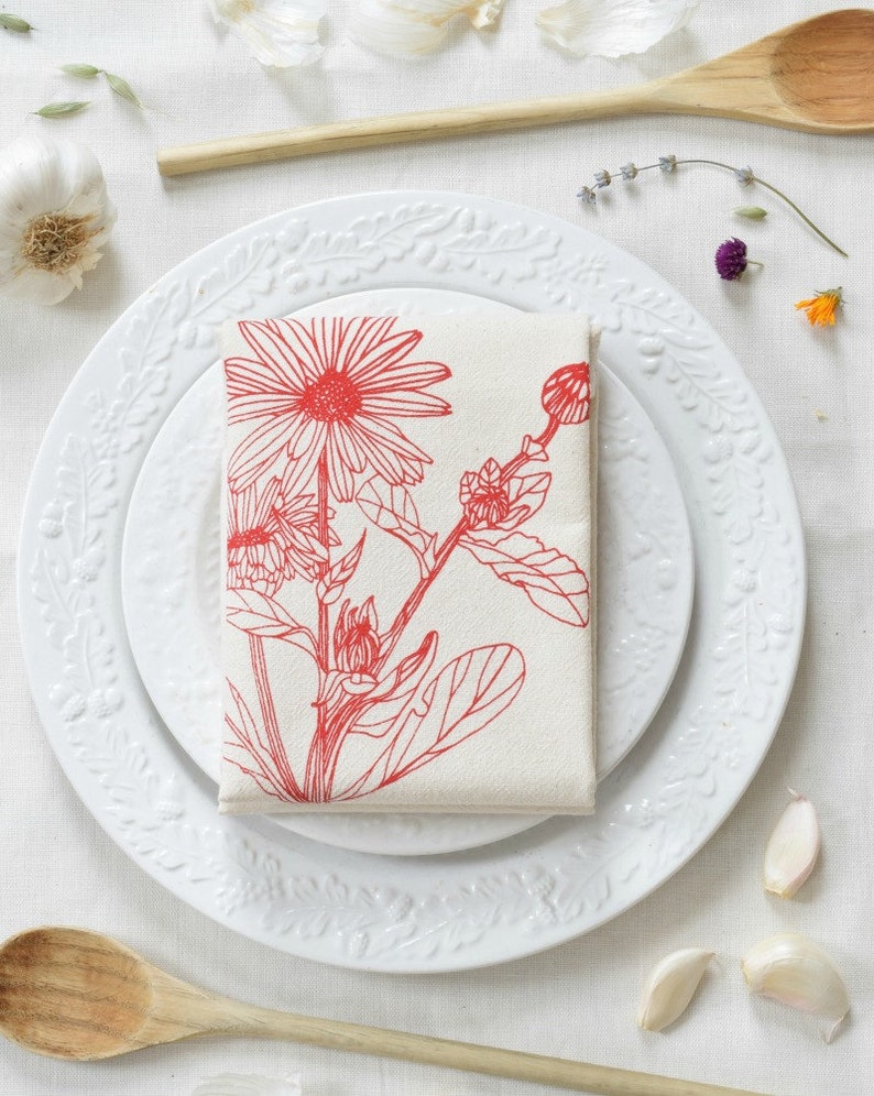 Tea Towel Organic Cotton Flower Calendula Unpaper Towel Screen Printed Botanical Design Eco Friendly Kitchen Towels Red image 1