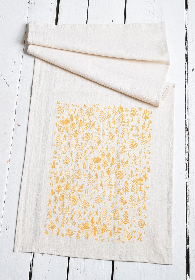 Tea Towel Organic Cotton Fern Print Flour Sack Towel Eco Friendly Organic Tea Towel Yellow image 1