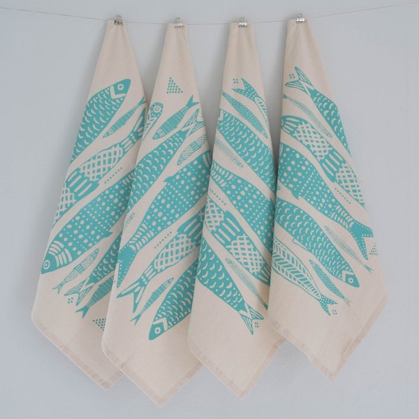 Sardine Print Napkins - Set of 4 - Organic Cotton - Tablescape - Cloth Napkins  - Eco Friendly - Tabletop Decor - Fish Design - Turquoise