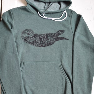 Otter Hoodie Unisex Adult Sweatshirt Animal Print Pullover Hoodie Kangaroo Pockets Fleece Dark Green Hoodie Cute Sea Otter image 4