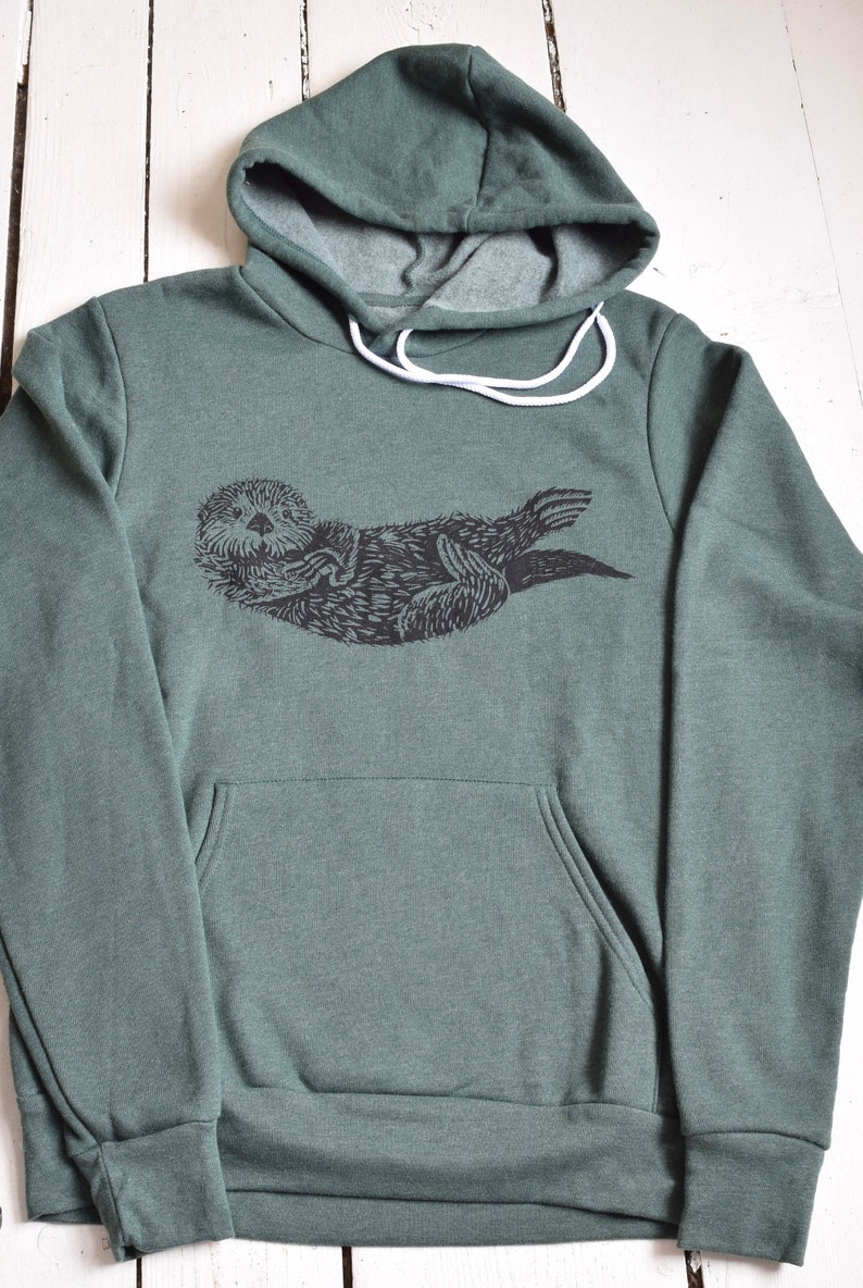 Otter Hoodie Unisex Adult Sweatshirt Animal Print Pullover Hoodie Kangaroo Pockets Fleece Dark Green Hoodie Cute Sea Otter image 4