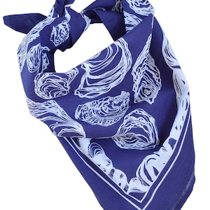 Oyster Bandana 100% Cotton Handkerchief Royal Blue Hand Screen Printed Soft and Washable Nautical Scarf Mussel Shell Oysters image 6