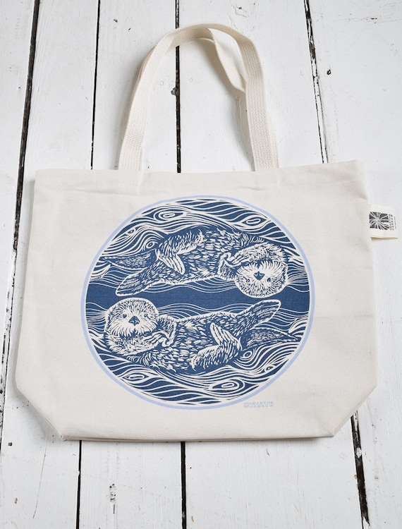 Otter Tote Bag: Hand Screen Printed Cotton Canvas Market Bag  Blue Otters