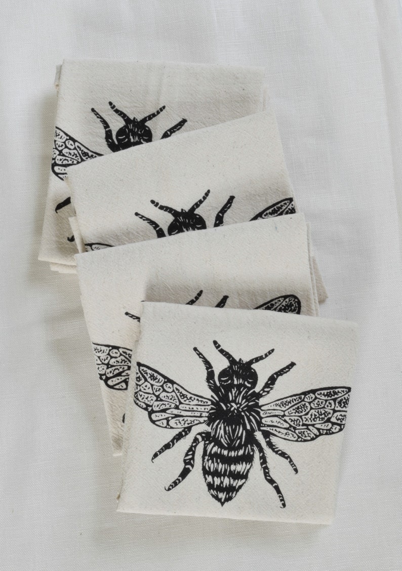 Honeybee Napkins Set of 4 Organic Cotton Cloth Napkins Eco Friendly Tabletop Decor Bee Napkins Farmhouse Decor Pollinators image 3