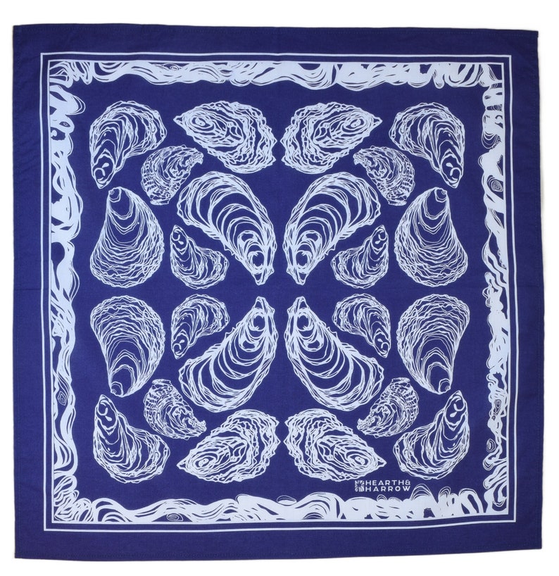 Oyster Bandana 100% Cotton Handkerchief Royal Blue Hand Screen Printed Soft and Washable Nautical Scarf Mussel Shell Oysters image 1