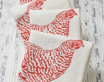 Chicken Cloth Napkins - Organic Cotton - Set of 4 - Farmhouse Decor - Screen Printed - Red - Organic Cloth Napkin Set - Table Setting - Red