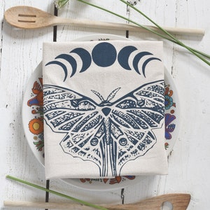 Luna Moth Tea Towel Organic Cotton Screen Printed Unpaper Towel Eco Friendly Kitchen Towels Flour Sack Towel Navy Blue Print image 4