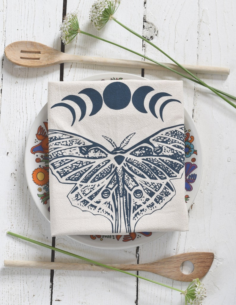 Luna Moth Tea Towel Organic Cotton Screen Printed Unpaper Towel Eco Friendly Kitchen Towels Flour Sack Towel Navy Blue Print image 4