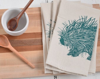 Porcupine Cloth Napkins - Set of 4 - Organic Cotton - Tablescape - Cloth Napkins  - Eco Friendly - Tabletop Decor - Woodland Print - Green