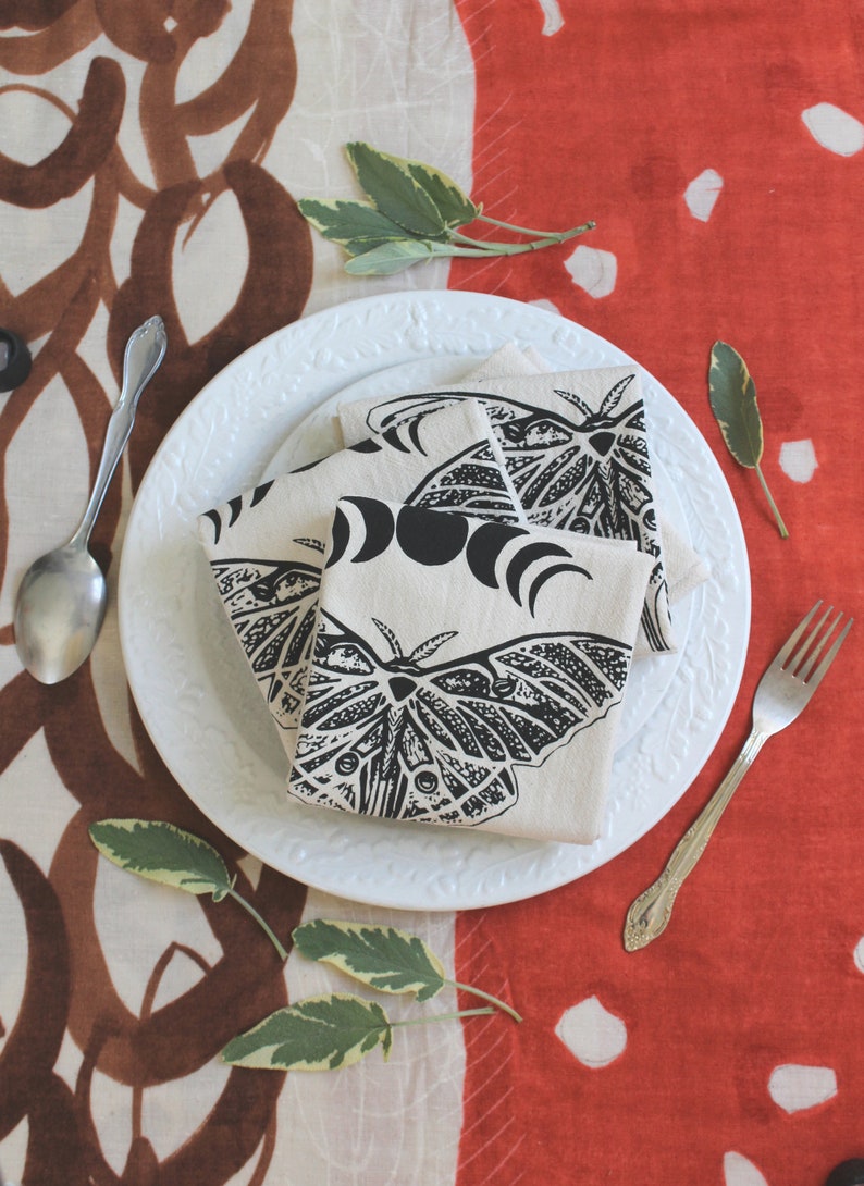 Luna Moth Napkins - Set of 4 - Black Print - Organic Cotton - Cloth Napkins - Eco Friendly - Tabletop Decor - Celestial Print Napkins