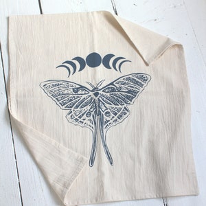 Luna Moth Tea Towel Organic Cotton Screen Printed Unpaper Towel Eco Friendly Kitchen Towels Flour Sack Towel Navy Blue Print image 2