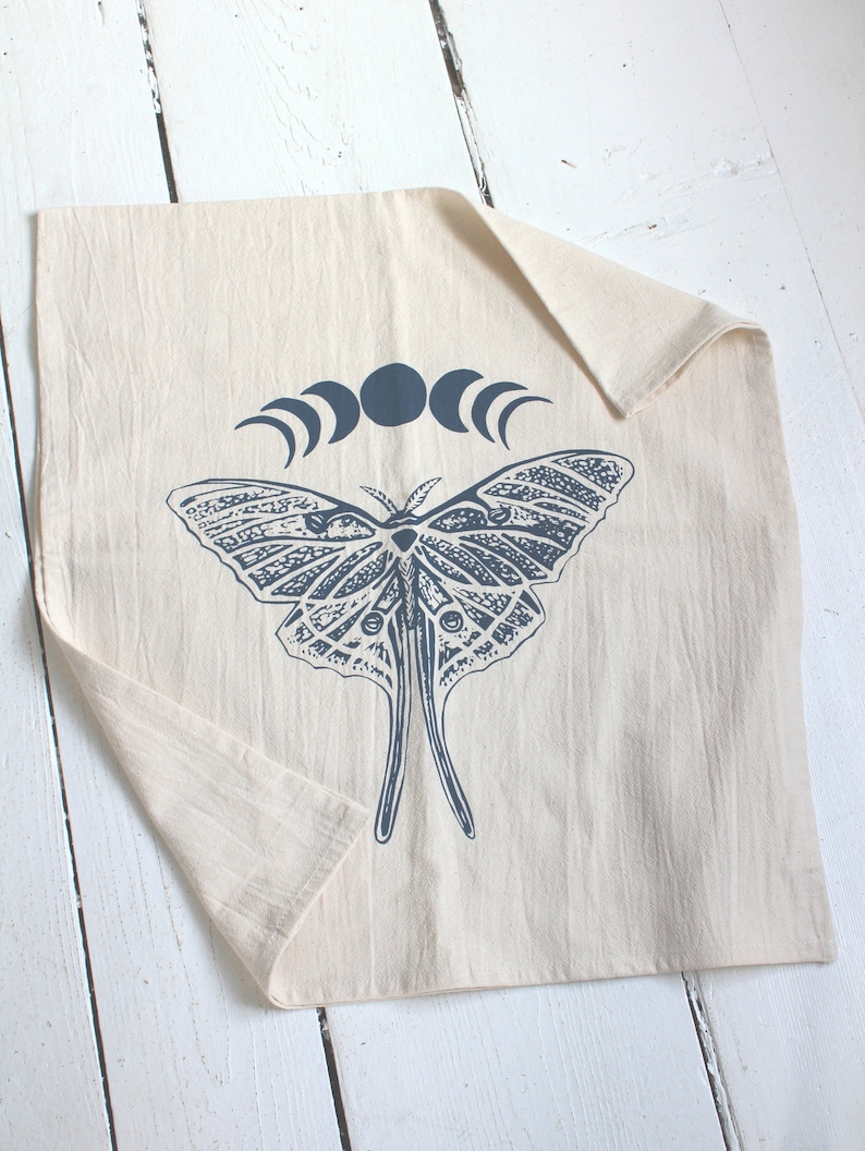 Luna Moth Tea Towel Organic Cotton Screen Printed Unpaper Towel Eco Friendly Kitchen Towels Flour Sack Towel Navy Blue Print image 2