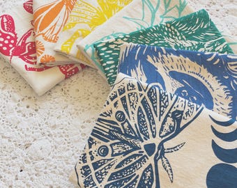 Mixed Set of 4 Organic Cotton Cloth Napkins - Unpaper Towels - Hand Printed - Cusom Color - Custom Print - Animal Prints - Botanical