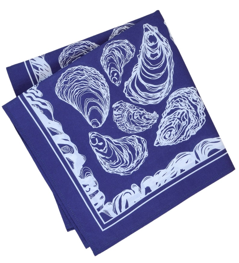 Oyster Bandana 100% Cotton Handkerchief Royal Blue Hand Screen Printed Soft and Washable Nautical Scarf Mussel Shell Oysters image 3