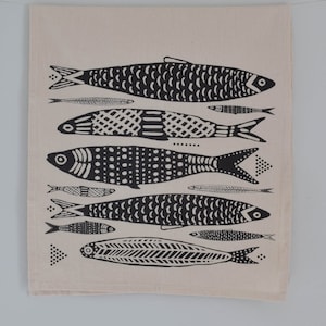 Tea Towel Organic Cotton Sardines Design Screen Printed Unpaper Towel Eco Friendly Kitchen Towels Flour Sack Towel Black Print image 3