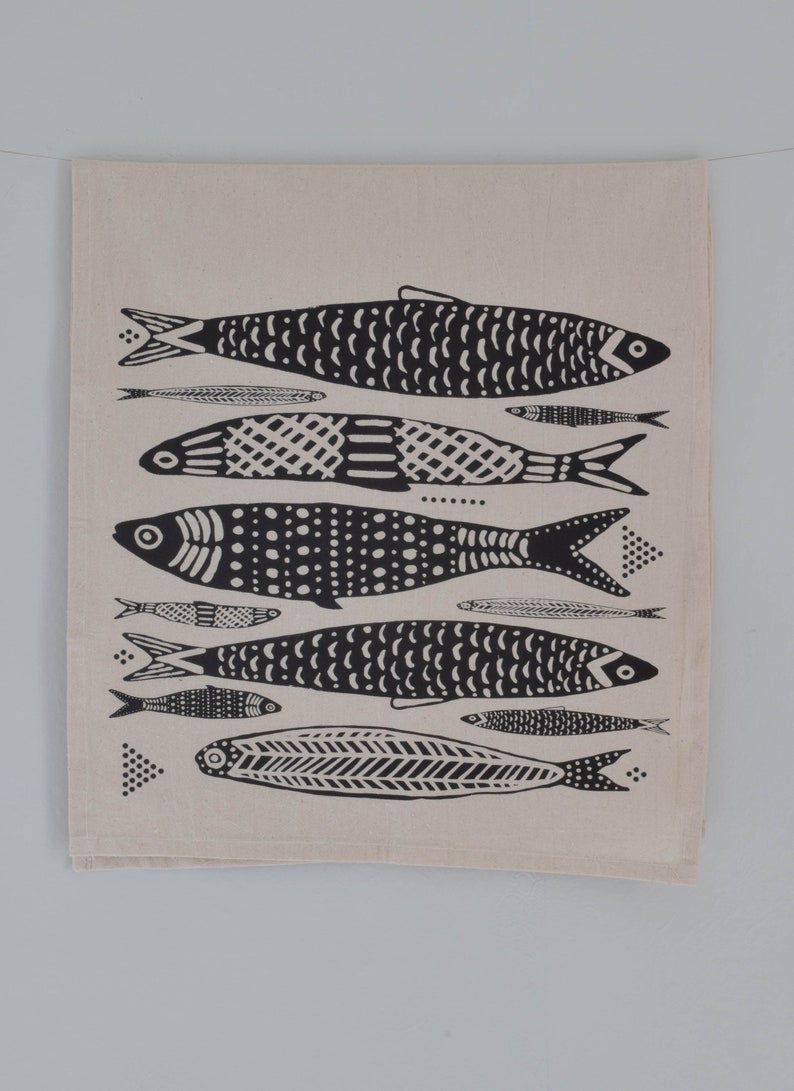 Tea Towel Organic Cotton Sardines Design Screen Printed Unpaper Towel Eco Friendly Kitchen Towels Flour Sack Towel Black Print image 3