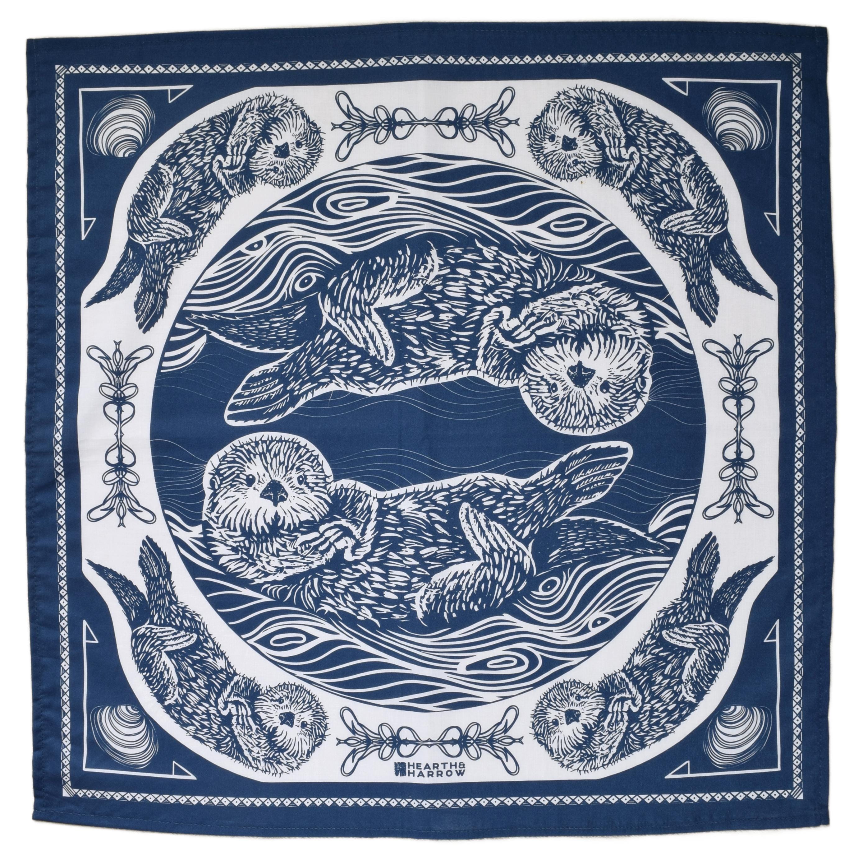 Blue Otter Bandana: Hand-Screenprinted Cotton Scarf (22" x 22")