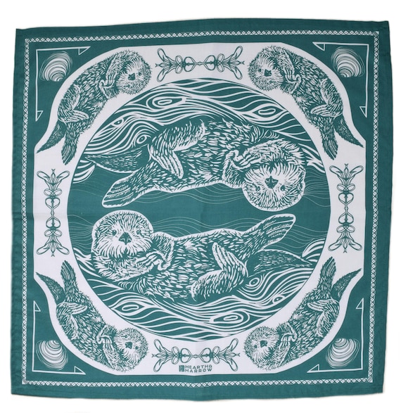 Sea Otter Bandana: Green Ocean Creature Handkerchief  100% Cotton Hair Scarf