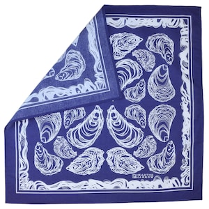 Oyster Bandana 100% Cotton Handkerchief Royal Blue Hand Screen Printed Soft and Washable Nautical Scarf Mussel Shell Oysters image 5