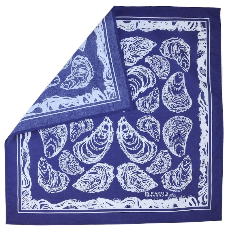 Oyster Bandana 100% Cotton Handkerchief Royal Blue Hand Screen Printed Soft and Washable Nautical Scarf Mussel Shell Oysters image 5