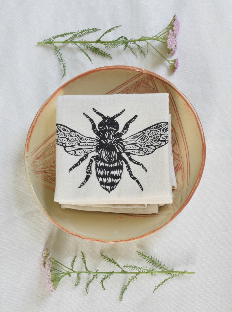 Honeybee Napkins Set of 4 Organic Cotton Cloth Napkins Eco Friendly Tabletop Decor Bee Napkins Farmhouse Decor Pollinators image 2