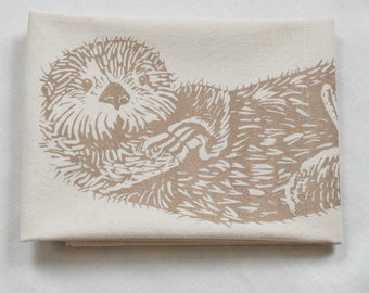 Otter Tea Towel - Organic Cotton - Animal Flour Sack Towel - Screen Printed - Organic Kitchen Towels - Cute Sea Otter - Handmade - Washable