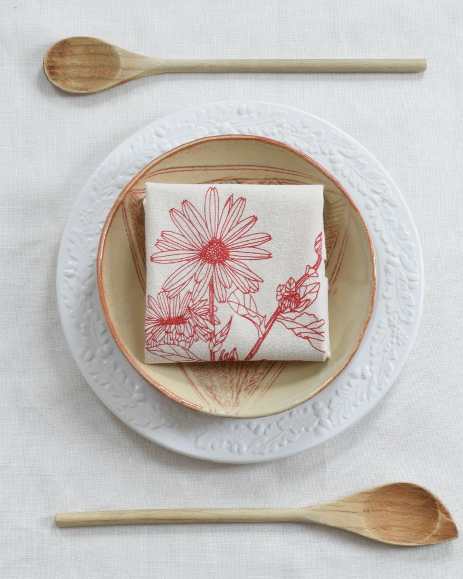 Calendula Flower Napkins Set of 4 100% Organic Cotton Red Floral Print Garden Kitchen