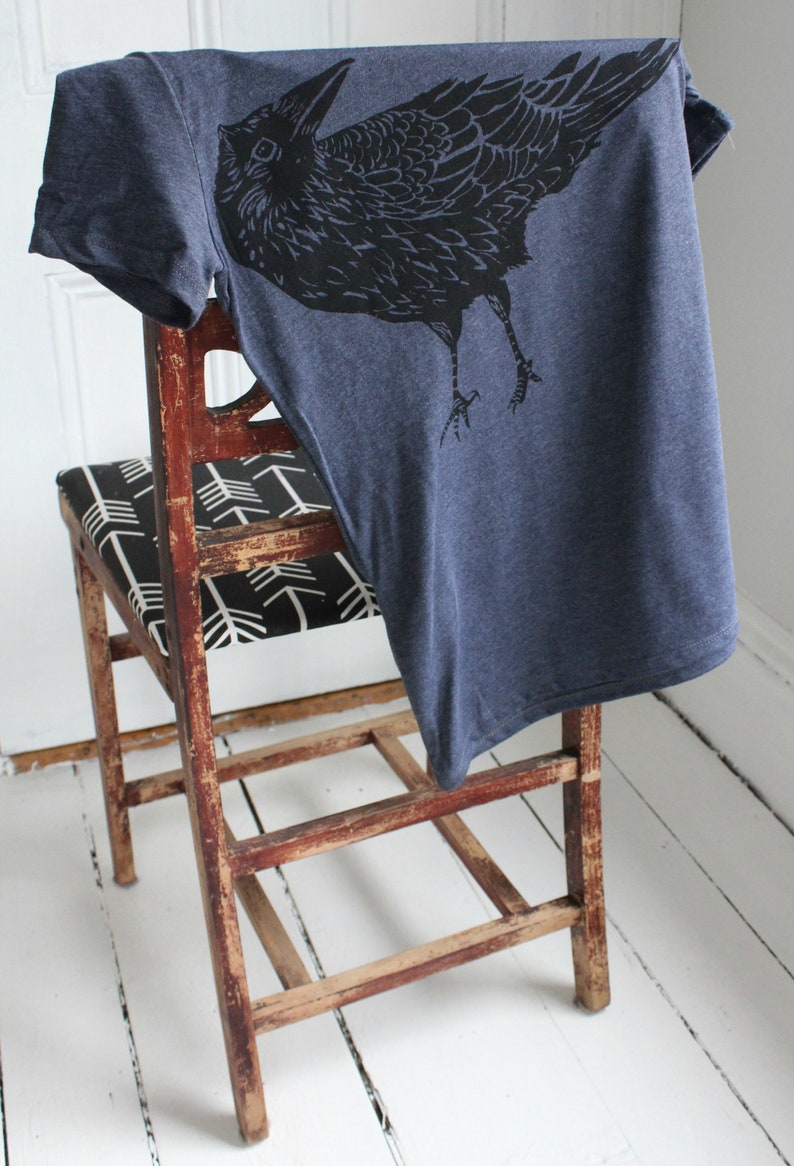 Womens Crow T Shirt Organic Recycled Fabric Super Soft Crows Tri-Blend Raven Print Women's T-Shirts Dark Blue Bird T-Shirt image 3