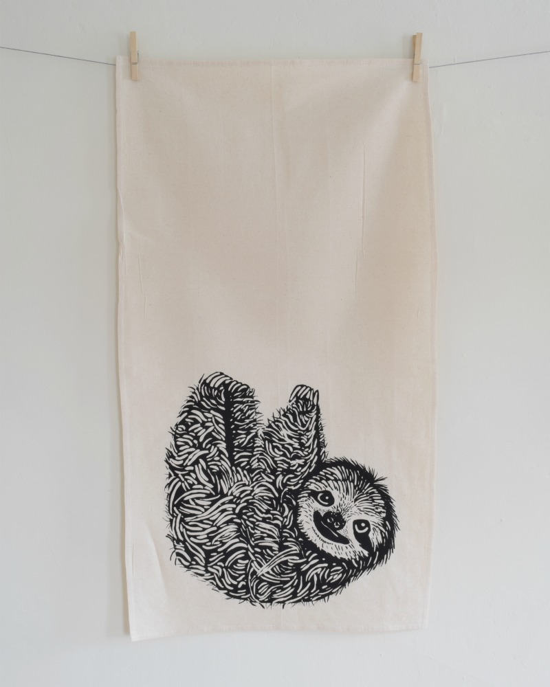 Sloth Tea Towel 100% Organic Cotton Animal Dishcloth Black Print Sloths ...