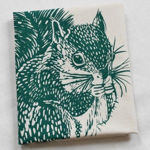 Squirrel Tea Towel  100% Organic Cotton  Green Woodland Animal Dishcloth  Nature Kitchen Decor