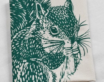 Könnte beinhalten: Ein grünes und weißes Geschirrtuch mit einem gedruckten Bild eines Eichhörnchens. Das Eichhörnchen schaut nach rechts und hält eine Nuss im Maul.