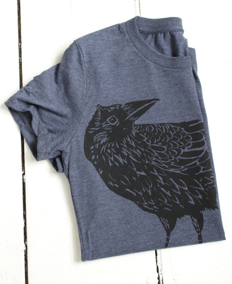 Womens Crow T Shirt Organic Recycled Fabric Super Soft Crows Tri-Blend Raven Print Women's T-Shirts Dark Blue Bird T-Shirt image 2
