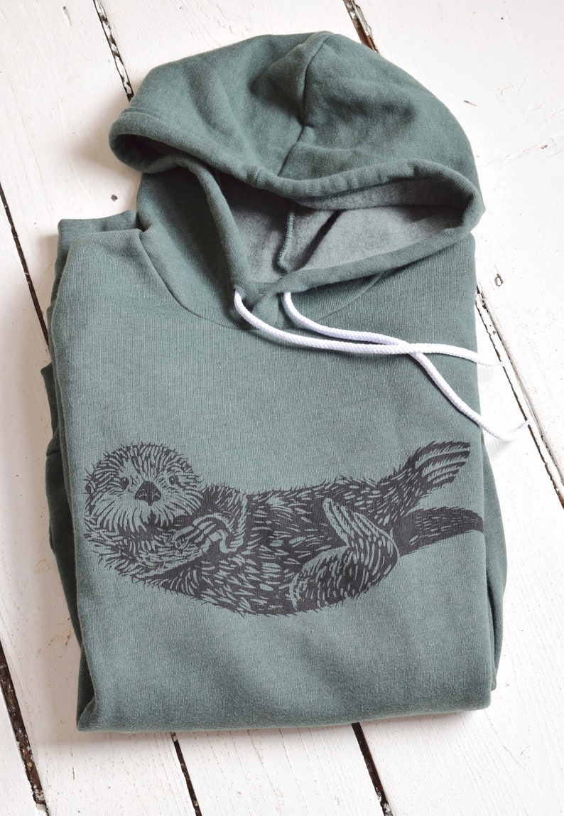 Otter Hoodie Unisex Adult Sweatshirt Animal Print Pullover Hoodie Kangaroo Pockets Fleece Dark Green Hoodie Cute Sea Otter image 1