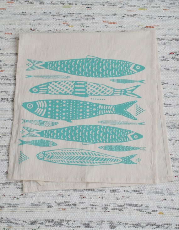 Tea Towel Organic Cotton Sardines Design Screen Printed Unpaper