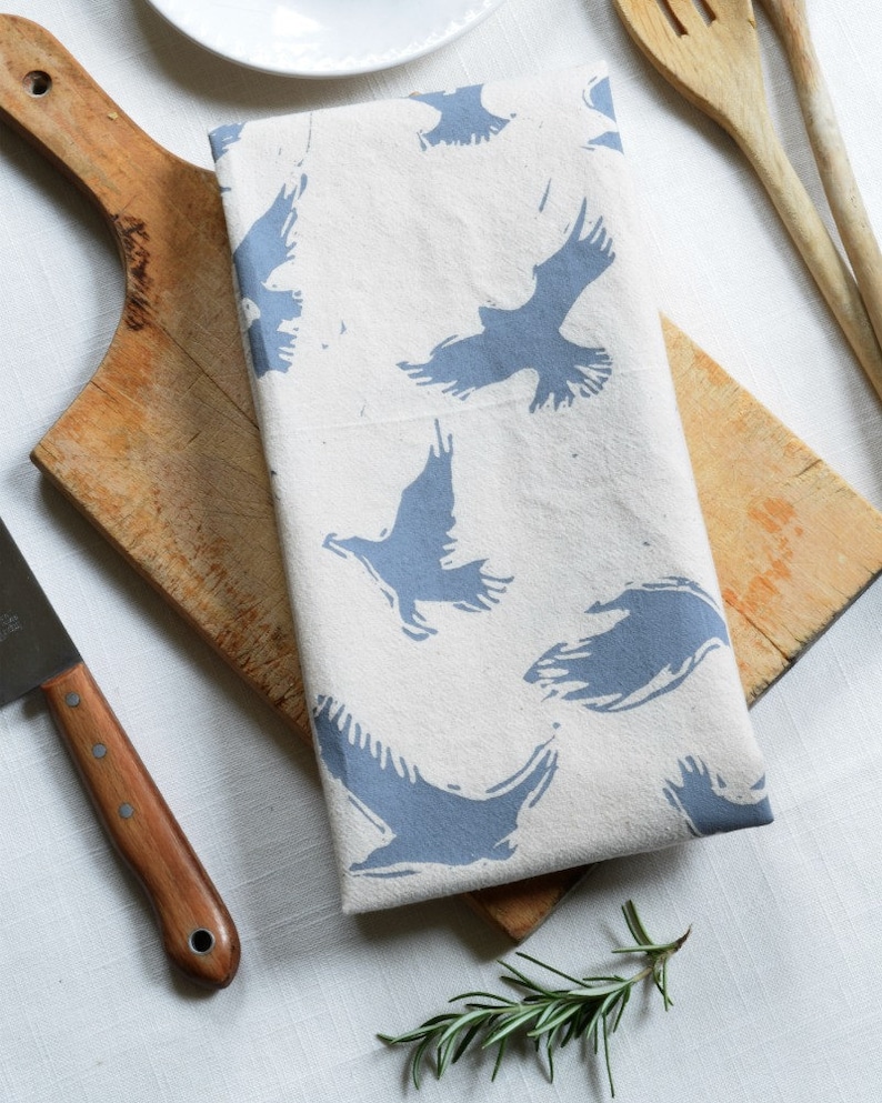 Crow Tea Towel Organic Cotton Eco Friendly Flour Sack Towel Housewarming Gift Bird Design Grey image 1